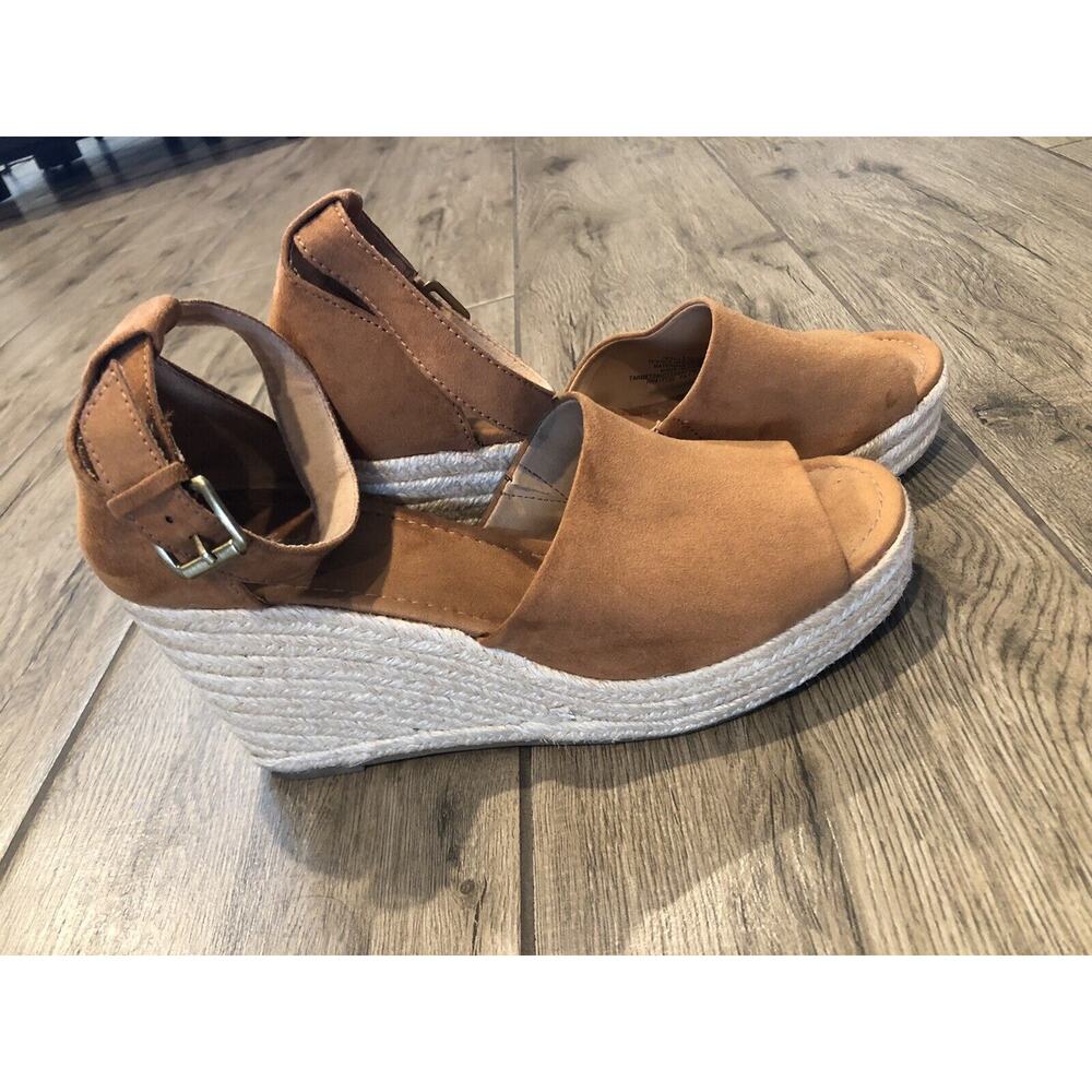 Espadrille Wedge Sz 10 Caramel‎ Brown Ankle Strap Sandal 3.5” Heel 1.5” platform - Picture 2 of 12